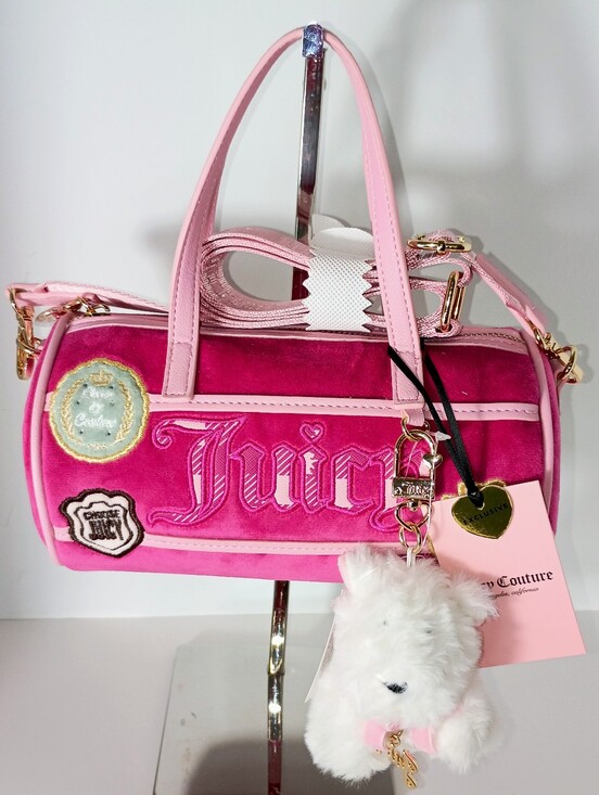 Juicy Couture Handbags - Juicy Couture Exclusive Raspberry/ Pink Velvet Barrel Bag with Fur Charm